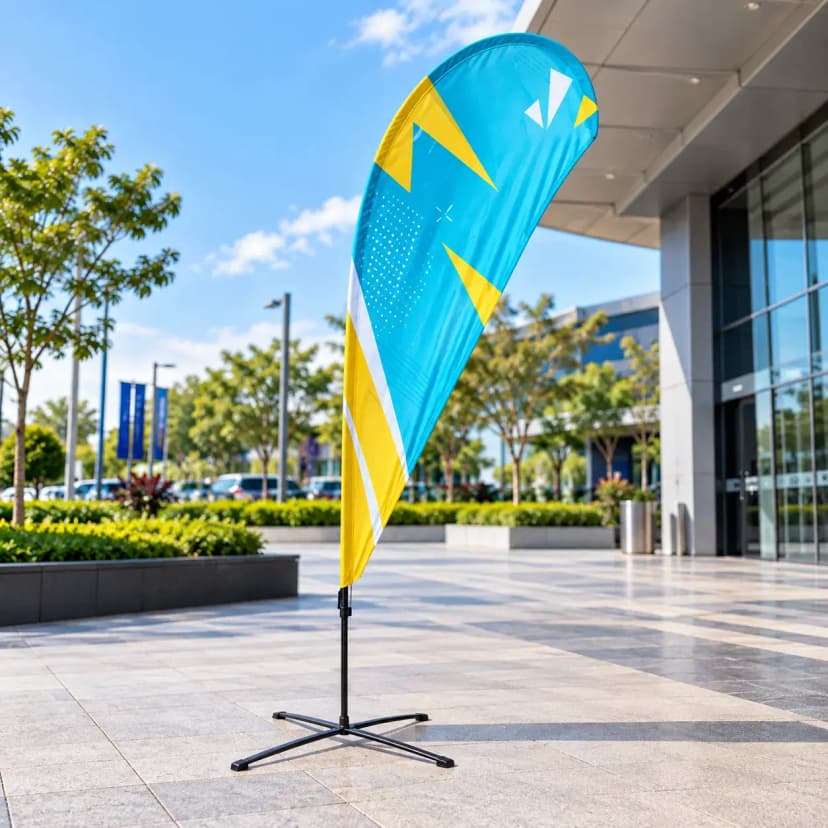 Printed teardrop wind flag banner on a cross base