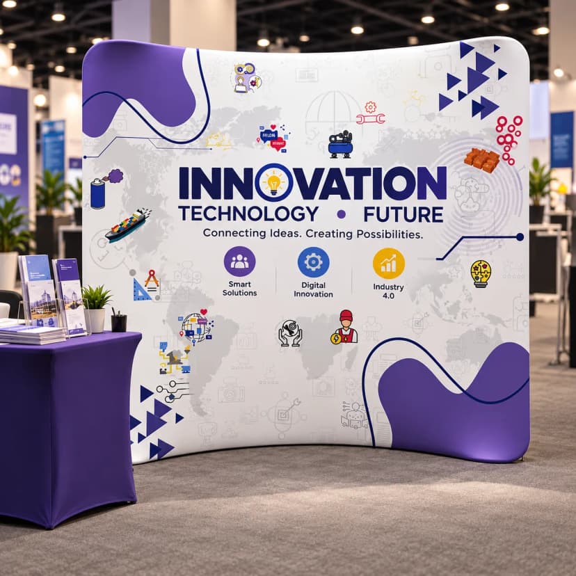 Curved 8 ft × 8 ft tension fabric backdrop printed with full-colour artwork at an exhibition booth
