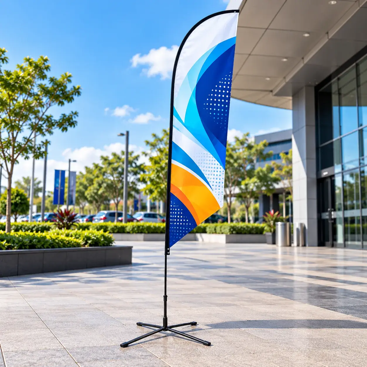 Custom printed bow beach flag on a steel cross base with water bag