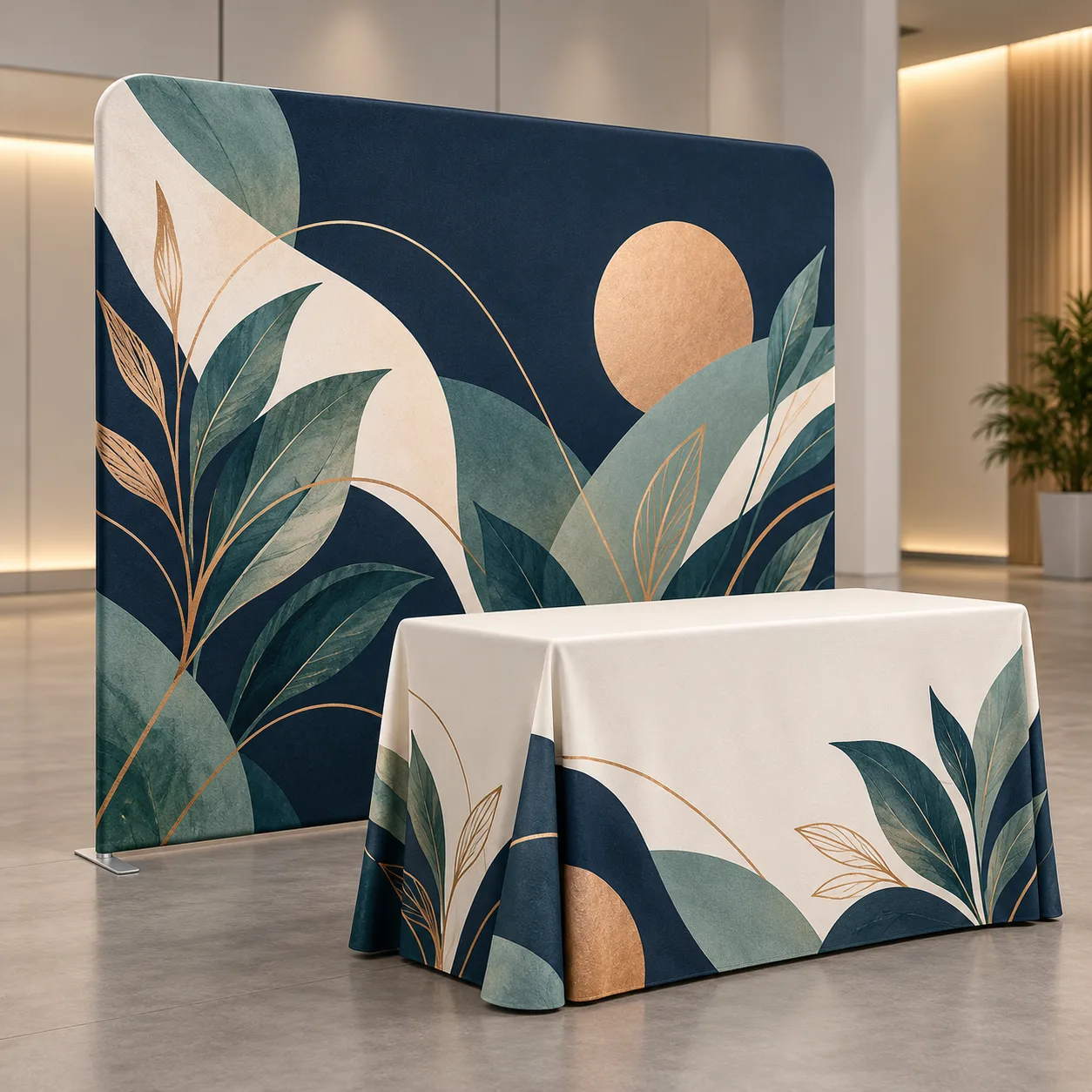 Straight tension fabric backdrop with one seamless printed fabric cover, used as an exhibition booth wall instead of a pop-up display